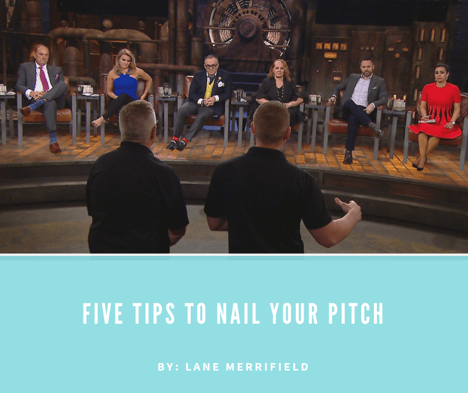 Two entrepreneurs presenting to a panel. The image reads Five Tips to Nail your pitch