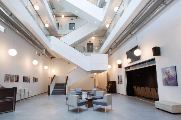 View of the first floor lounge space in the Innovation Centre in Downtown Kelowna